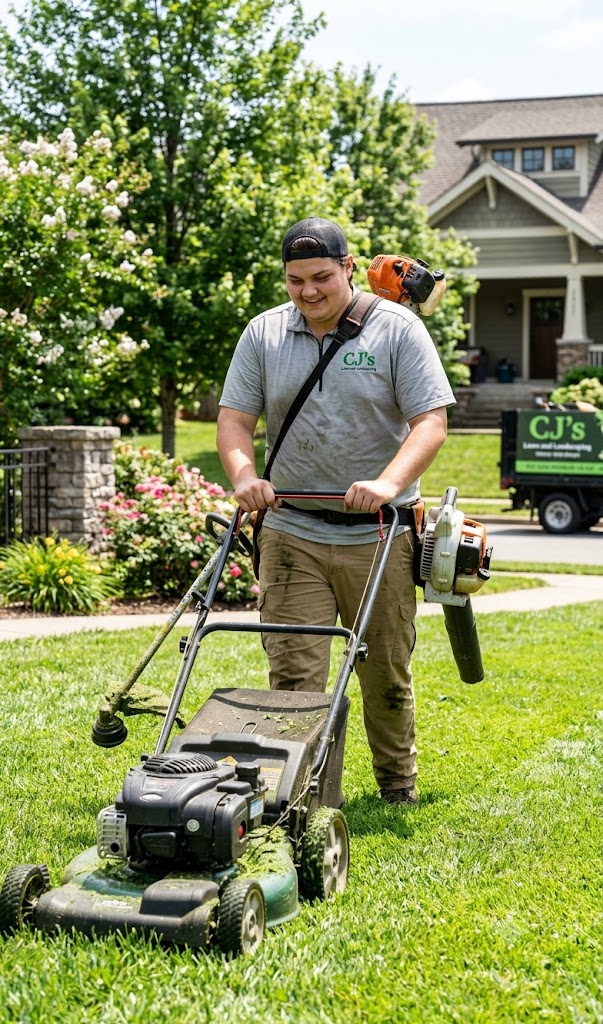 Colson working in a client's yard with his mower and equipment
